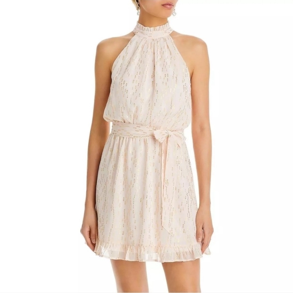 AQUA Chiffon Halter Woman Mini Dress Pale Pink/Gold Tie Belt Back Button Size M
